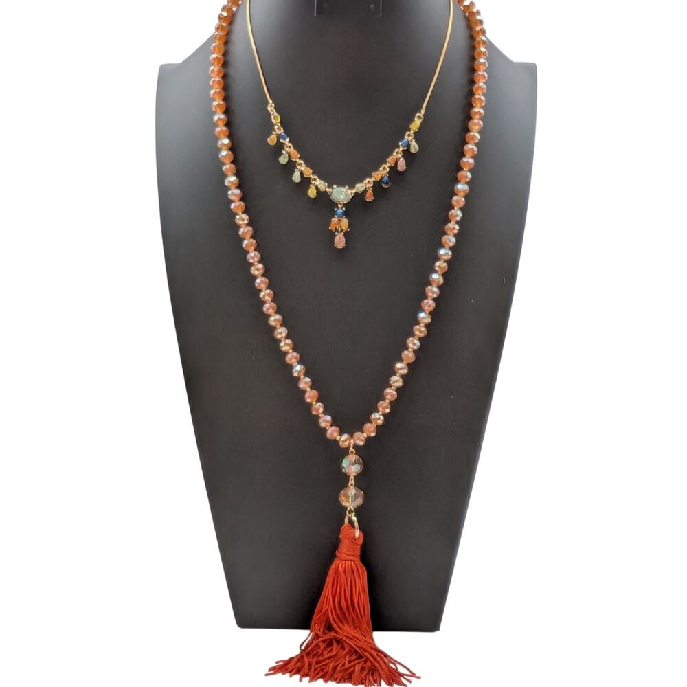 Lot of Two Gold Tone Orange Theme Crystal Tassel Y-Drop Necklaces